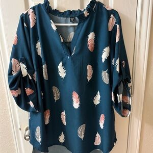 SHEIN Teal Feather Print Blouse
